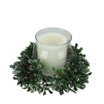 Northlight 11" Boxwood and Berry Tipped Christmas Hurricane Pillar Candle Holder - Green/Silver