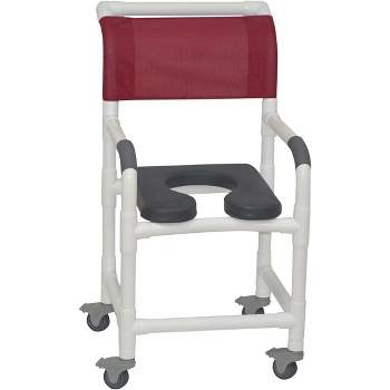 MJM International Corporation Shower chair 18 in internal width 3 in total locking casters front seat MAROON designer mesh backrest sling 300 lbs wt