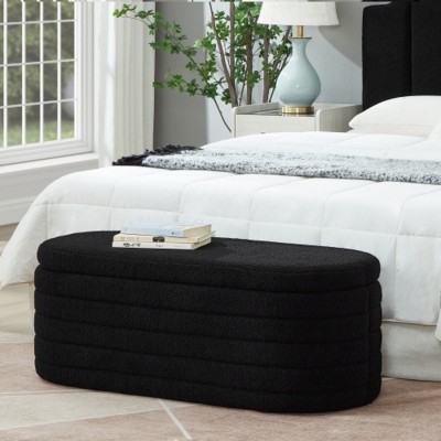 Oval Storage Ottoman Bench,Upholstered Teddy Fabric Footstools,End Of Bed Stool With Safety Hinge For Bedroom, Living Room, Entryway-Cuddlewood