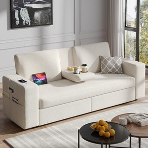75" Loveseat Sofa with Drawers, Table Board & Charging Port, Linen Couch Upholstered Settee - 1 of 4