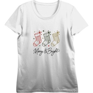 Merry & Bright Christmas Stocking Line Art  Women's Crew Neck Short Sleeve Crop Tee - 1 of 3