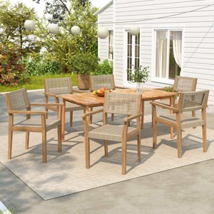 7 Piece Acacia Wood Outdoor Dining Set with Faux Wicker Chairs,Patio Dining Table Set for 6,Garden Dining Set for Deck or Backyard-Cuddlewood - 1 of 4