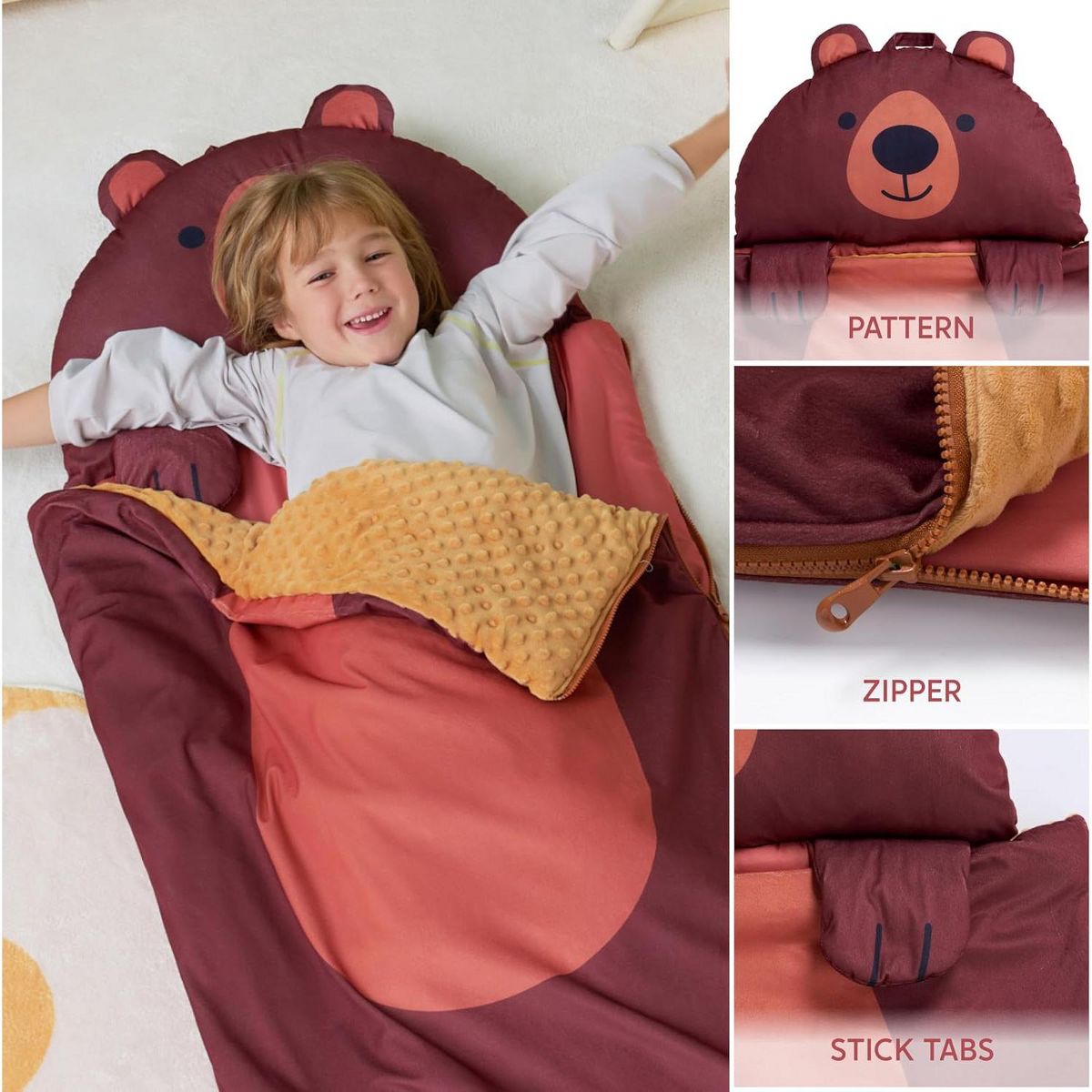 Joyfy Kids Sleeping Bag 4 5 6 Year Old Boys Girl Gifts Toddler Nap Mat with Pillow & Blanket Kids Soft Plush Sleeping Mat for Preschool Kids - thumbnail 9