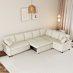 124.8"W L-Shaped Convertible Sofa, Pull Out Sofa Bed with 2 Back Pillows, 2 USB Ports and 2 Power Sockets 4B - ModernLuxe - 1 of 4