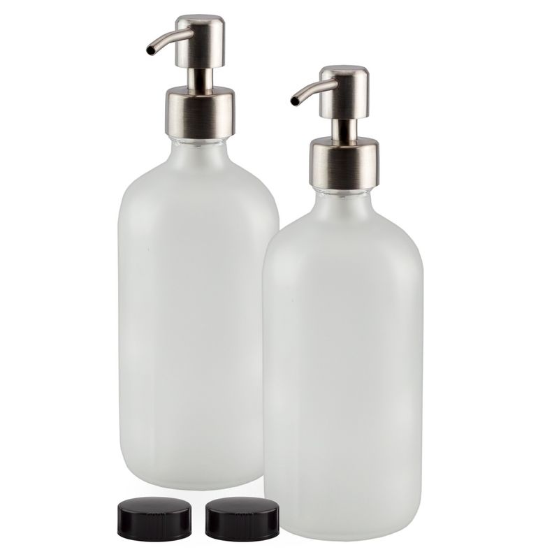 Cornucopia Brands 16oz Frosted Glass Soap Dispenser w/Stainless Steel Pumps. 2pk; Bottles w/Lotion Pump Tops and Caps, 1 of 9