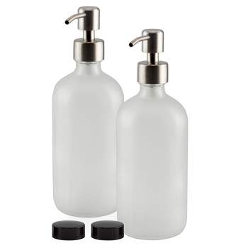 Cornucopia Brands 16oz Frosted Glass Soap Dispenser w/Stainless Steel Pumps. 2pk; Bottles w/Lotion Pump Tops and Caps