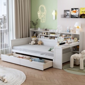Sapphtopaz Daybed Bed Frame for Kids with 2 Storage Drawers Wood Bed Frame with Storage Shelves and Study Desk for Children's Room - 1 of 4