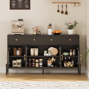 Sideboard Buffet Cabinet with Storage,62" Storage Cabinet with 4 Doors and 3 Drawers, Credenza Buffet Table for Living Room Dining Room Natural - 1 of 4