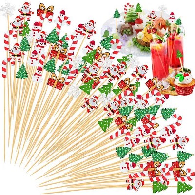 100 Pcs Christmas Cocktail Pick Xmas Tree Snowflake Snowman Santa Claus Reindeer Pattern Sticks Cupcake Fruit Appetizer Skewers 4.9" Bamboo Toothpicks