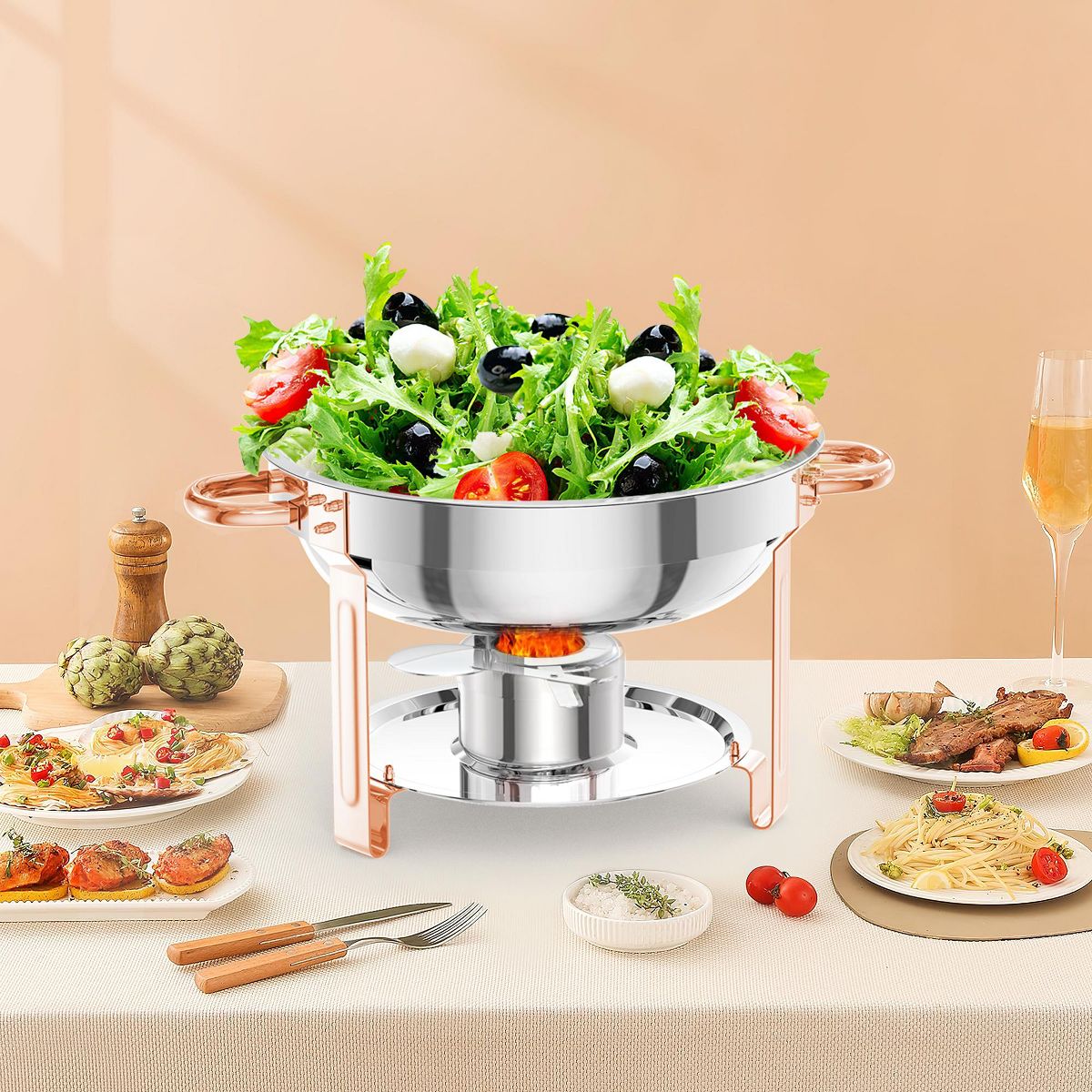 6-Pack 5QT Round Stainless Steel Chafing Dishes Set with Lid Holder & Cover - Buffet Warmers for Parties/Festivals/Weddings - thumbnail 8