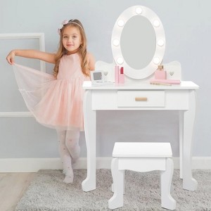 Kids' Vanity Set with Mirror and Light, Makeup Table and Stool for Girls, Vanity Table and Chair Set with Wood Makeup Playset - 1 of 4