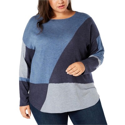 I.N.C International Concepts Womens Scoop Hem Pullover Sweater, Blue, 1X
