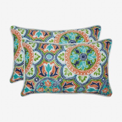 2pk Lagoa Tile Flamingo Rectangular Outdoor Throw Pillow Blue - Pillow Perfect: Weather-Resistant with Self-Cord Edge
