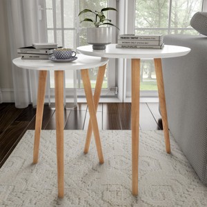 Hastings Home Nesting End Tables - Mid-Century Modern Wood Accent Table With Circular Top - Set of 2, White/Natural - 1 of 4