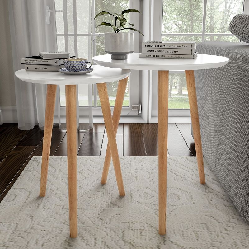 Hastings Home Nesting End Tables - Mid-Century Modern Wood Accent Table With Circular Top - Set of 2, White/Natural, 1 of 9