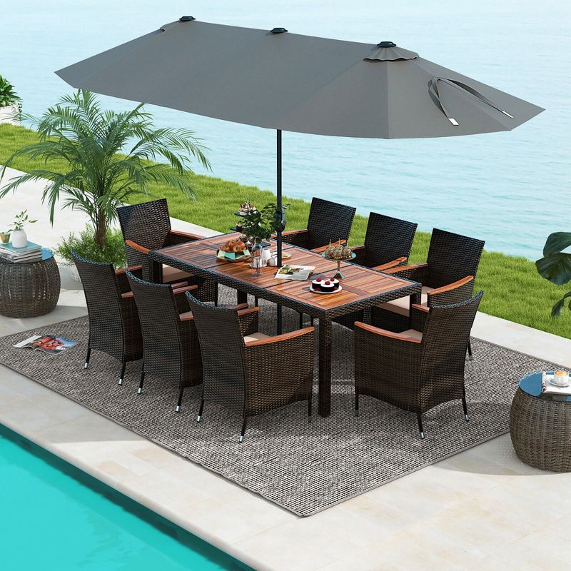Tangkula 9 Piece Patio Wicker Dining Set w/ Double-Sided Patio Grey Umbrella Stackable Chairs, 3 of 10