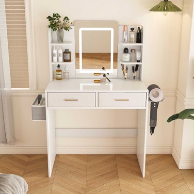 AENKYO LED Mirror Vanity Desk with Lights, Makeup Dressing Table with 2 Drawers & Storage for Bedroom, 3-Color Adjustable Light