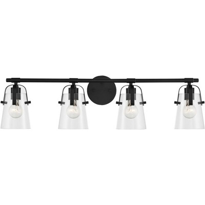 Possini Euro Design Modern Wall Mount Light Black Hardwired 33 3/4" Wide 4-Light Fixture Clear Glass Bathroom Vanity Mirror House