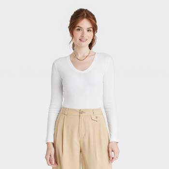AherBiu Womens Long Sleeve Tops Basic Undershirts Twist Deep V Neck Top Tee  Shirts Slim Tight