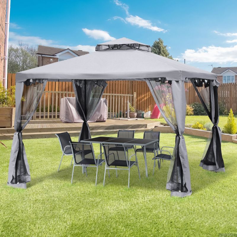 Outsunny Patio Gazebo, Outdoor Canopy Shelter with 2-Tier Roof and Netting, Steel Frame for Garden, Lawn, Backyard, and Deck, 2 of 7