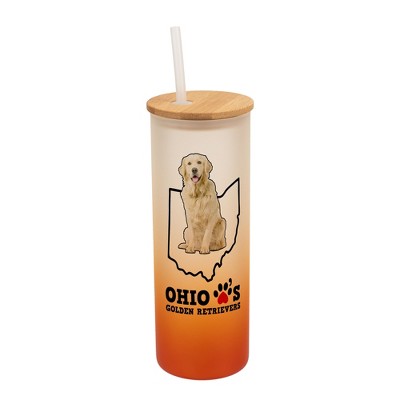 Elanze Designs The Buckeye State Ohio Loves Golden Retrievers Orange and White Ombre Frosted Glass Travel Tumbler with Straw and Wooden Lid, 25 Ounce