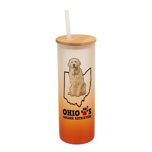 Elanze Designs The Buckeye State Ohio Loves Golden Retrievers Orange and White Ombre Frosted Glass Travel Tumbler with Straw and Wooden Lid, 25 Ounce - 1 of 4