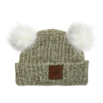Image of Arctic Gear Infant Cotton Cuff with Double Poms Winter Hat Olive Green Blended with White Poms