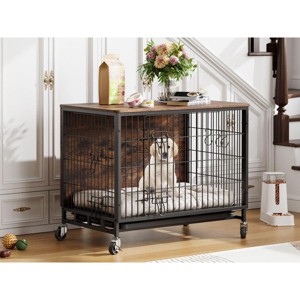 Acekool 32.5" Rustic Dog Crate & Side Table - Wood Kennel with Wheels for Medium/Large Dogs (138 characters) - 1 of 4