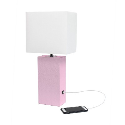 Blush Pink Leather Table Lamp with USB Port and Fabric Shade