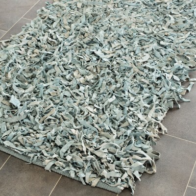 Hand-Knotted Light Blue Leather Shag Runner Rug