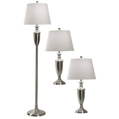 Geneva 3-Piece Brushed Steel Lamp Set with Off-White Shade