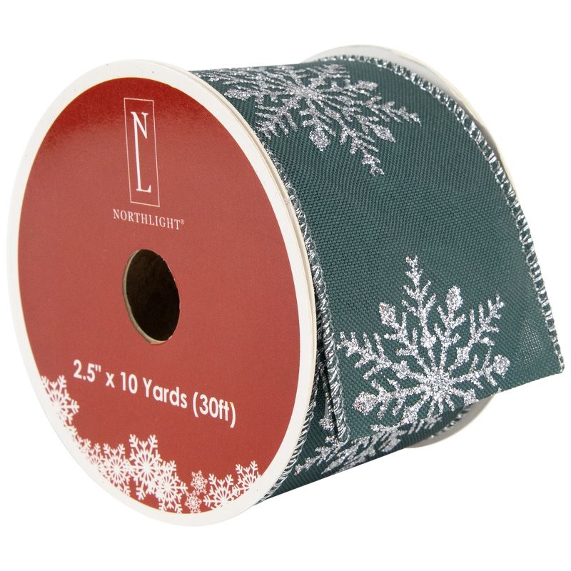 Northlight Green with Glitter Snowflakes Wired Craft Christmas Ribbon 2.5" x 10 Yards, 1 of 8