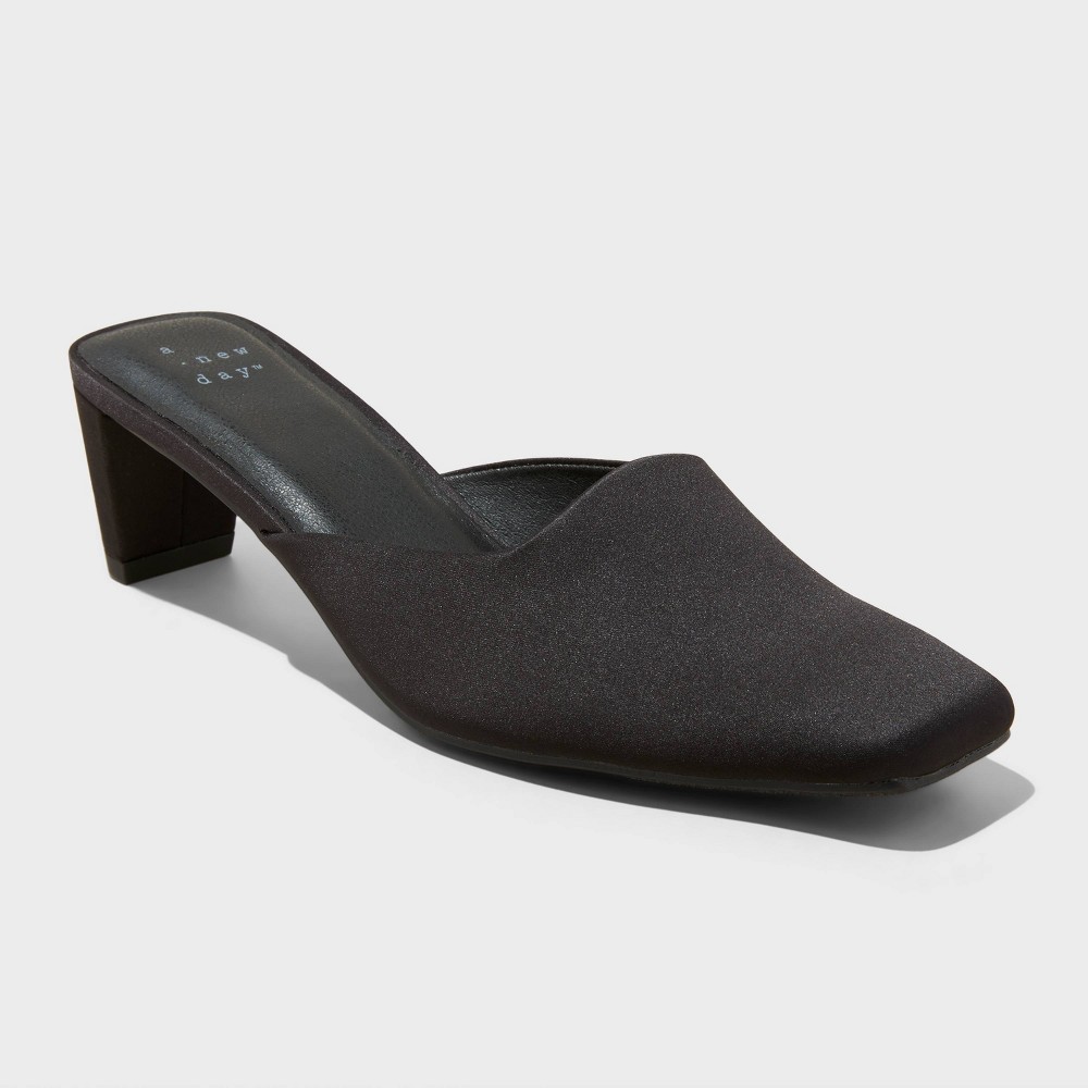 Women's Jessica Square Toe Mule Satin Heels with Memory Foam Insole - A New Day™ Black 7