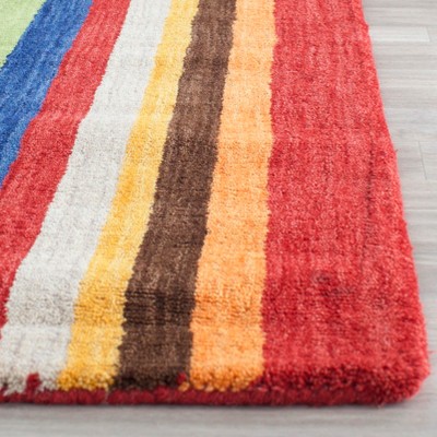 Artisan Red Stripe 4' Square Hand-Knotted Wool Rug