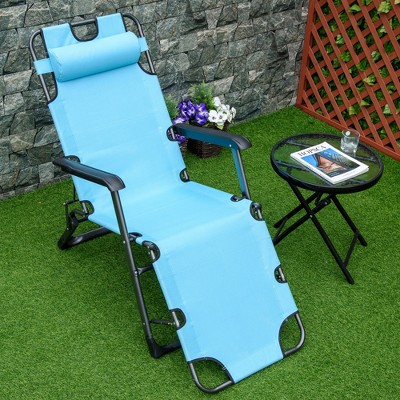 Blue Adjustable Outdoor Chaise Lounge Chair with Pillow and Armrests