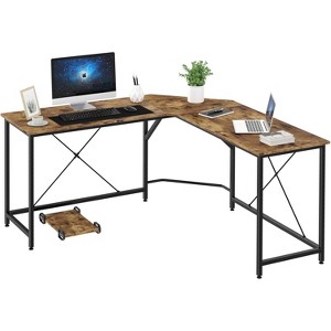 Aoxun 59" L-Shaped Home Office Desk with CPU Stand, Space-Saving Corner Computer Workstation, Rustic Brown - 1 of 4