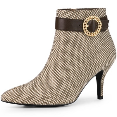 Allegra K Women's Buckle Decor Stiletto High Heels Houndstooth Ankle Boots