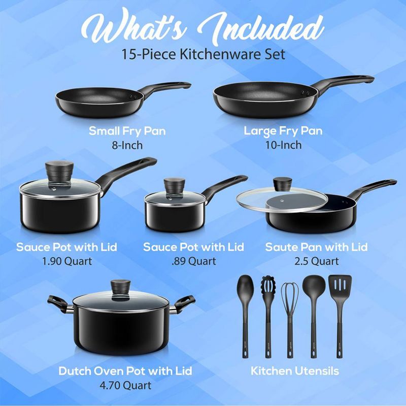 SereneLife 15 Piece Essential Home Heat Resistant Non Stick Kitchenware Cookware Set w/ Fry Pans, Sauce Pots, Dutch Oven Pot, and Kitchen Tools, Black, 3 of 8