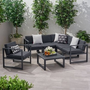 Navan 7pc Aluminum Sofa Set - Black/Dark Gray - Christopher Knight Home: Outdoor Sectional, Water-Resistant Cushions - 1 of 4