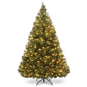Tangkula 6ft Carolina Pine Tree Pre-Lit Hinged  PVC Artificial Tree Flocked Cones w/ LED Lights - 1 of 4