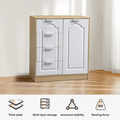 ORRD 31.5" Storage Cabinet with Adjustable Shelf, 4 Removable Drawers, Freestanding Floor Cabinet for Entryway, Living Room, Kitchen, White & Wood