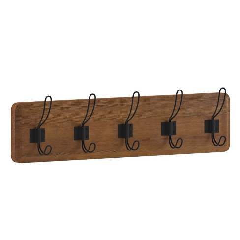 Merrick Lane 24 Inch Wall Mount Classic Brown Pine Wood Storage Rack With 5 Hooks Entryway Kitchen Bathroom Target