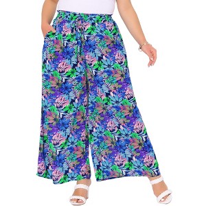 Agnes Orinda Women's Plus Size Wide Leg Mid Rise Front Tie with Pocket Casual Flowy Floral Boho Palazzo Pants - 1 of 4