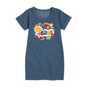 - Peanuts - Peace Floral & Colorful Woodstock Graphic Short Sleeve Fleece Dress - 1 of 4