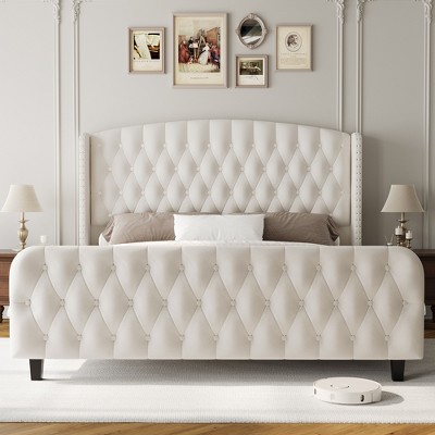 1 Box Set Soft Bed High Back Bed with MDF Board, Sponge, Velvet Fabric, and Diamond Button Tufted Design