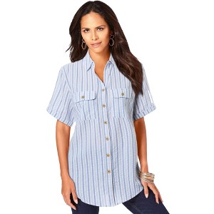 Roaman's Women's Plus Size Seersucker Big Shirt - 1 of 4