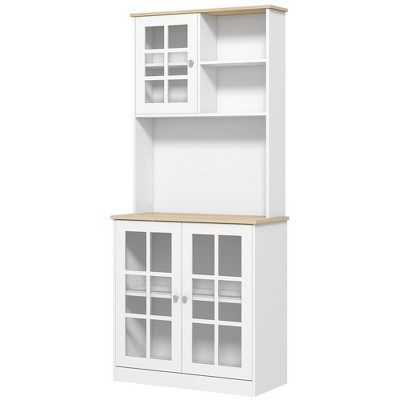 White and Light Wood Kitchen Hutch with Glass Doors