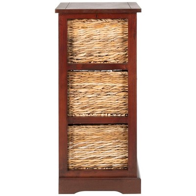 Transitional Brown Pine Wood Side Table with 3 Rattan Drawers