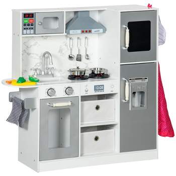 Qaba Play Kitchen Set for Kids, Kids Kitchen Playset w/ Lights Sounds, Apron and Chef Hat, Ice Maker, Microwave, Towel Rack, for 3-6 Years, White