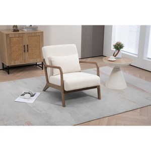 Gulches Mid Century Modern Accent Chair (White), Cotton Linen with Wood Frame & Waist Cushion for Living Room Bedroom Sunroom - 1 of 4